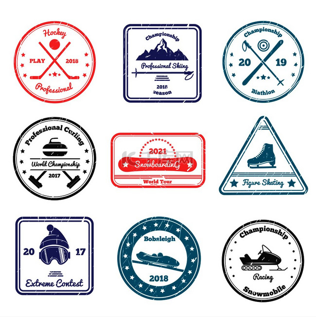 各种形状的冬季运动邮票，包括滑