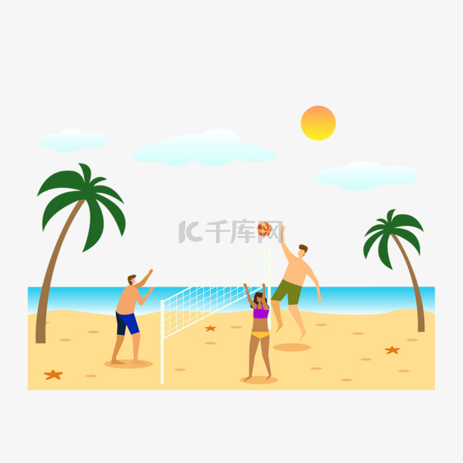 夏日男人沙滩排球运动插画