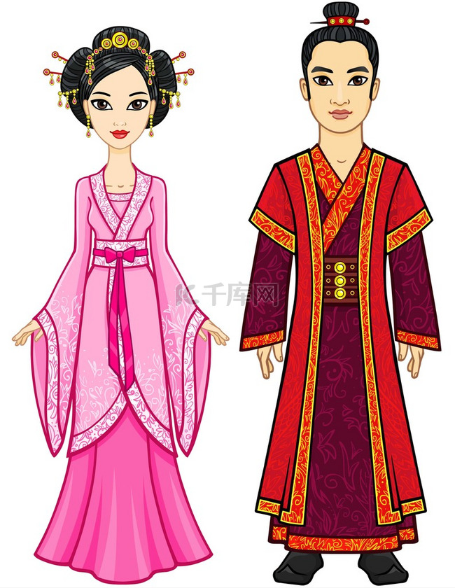 身穿传统服装的中国家庭动画的画