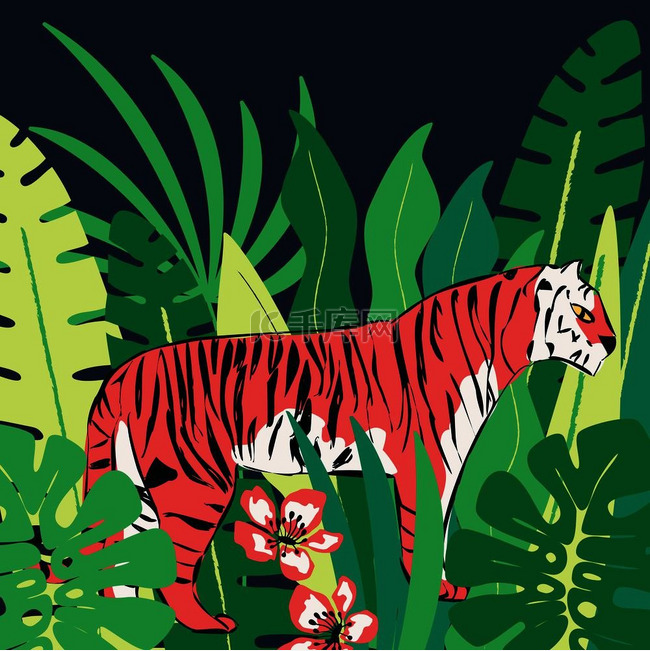 手绘红虎与异国情调的热带树叶，