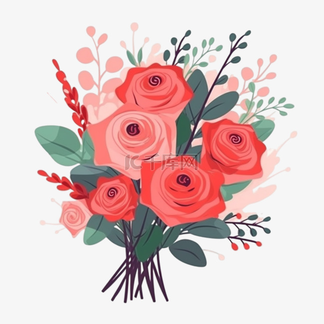 扁平卡通插画装饰素材玫瑰花束4