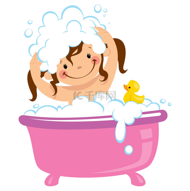 在浴缸里洗澡，洗头发的孩子女婴