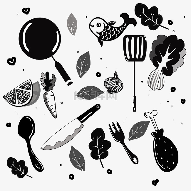 厨房用具锅铲蔬菜黑白涂鸦