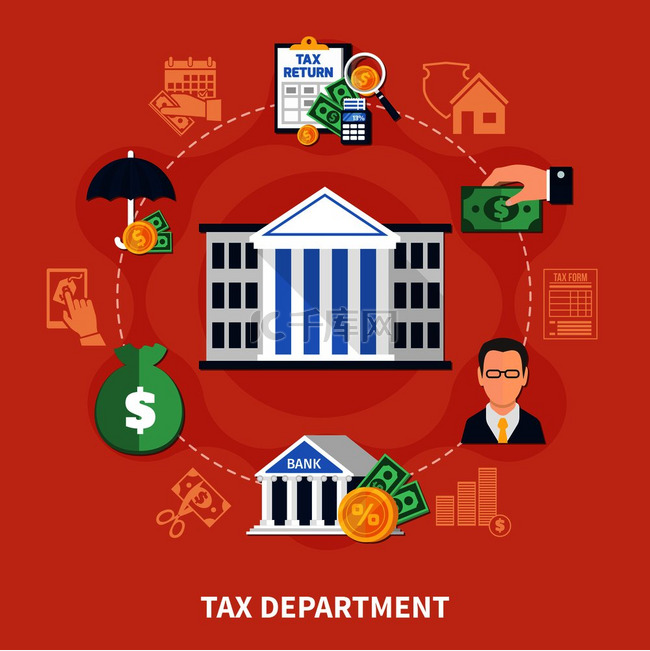红色背景下的税务部门圆形构图，