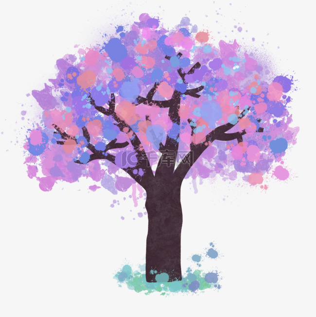 粉紫色泼墨树木图