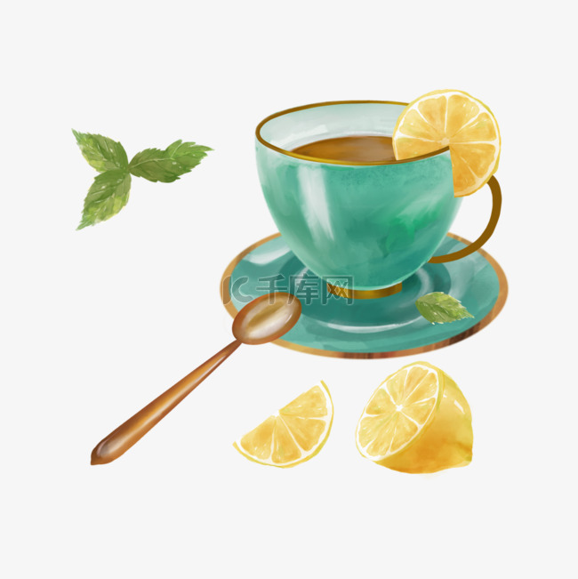 茶杯水彩花艺下午茶柠檬