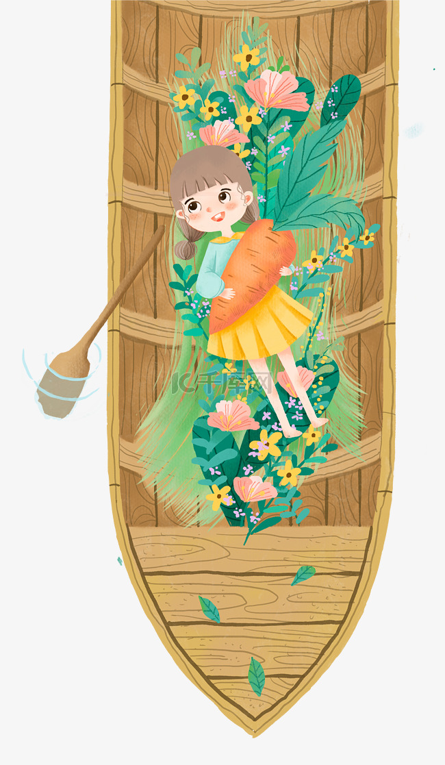 夏季木船女孩抱着萝卜