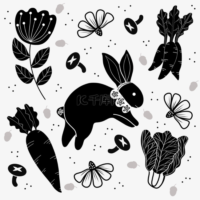 可爱兔子萝卜白菜黑白涂鸦