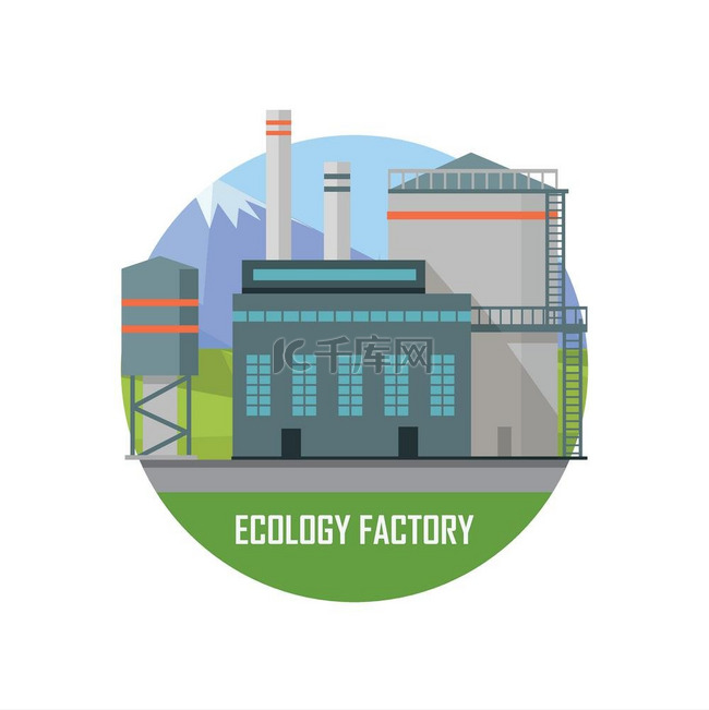 生态工厂平面风格的生态植物图标生态工厂绿色制造和生产平面风格的环保植物图标环保工厂有机天然健康产品零售商工厂的现代化建筑矢量