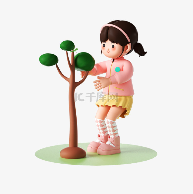 植树节3D立体可爱女孩人物种树