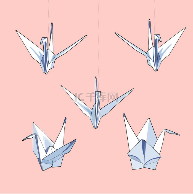 不同位置悬挂折纸起重机的矢量图