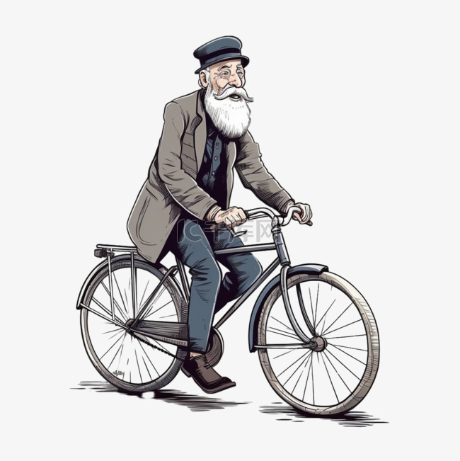 手绘卡通骑自行车老人