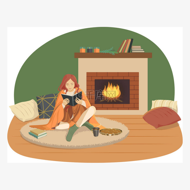 一个女孩在壁炉旁看书。舒适和温