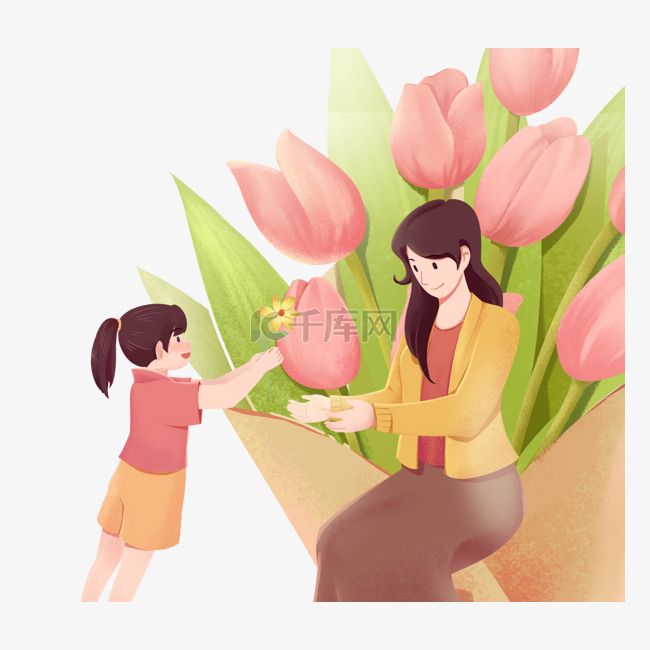 母亲节手绘女儿给母亲送花妇女节