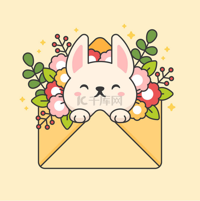 可爱的兔子在一个信封与鲜花和叶