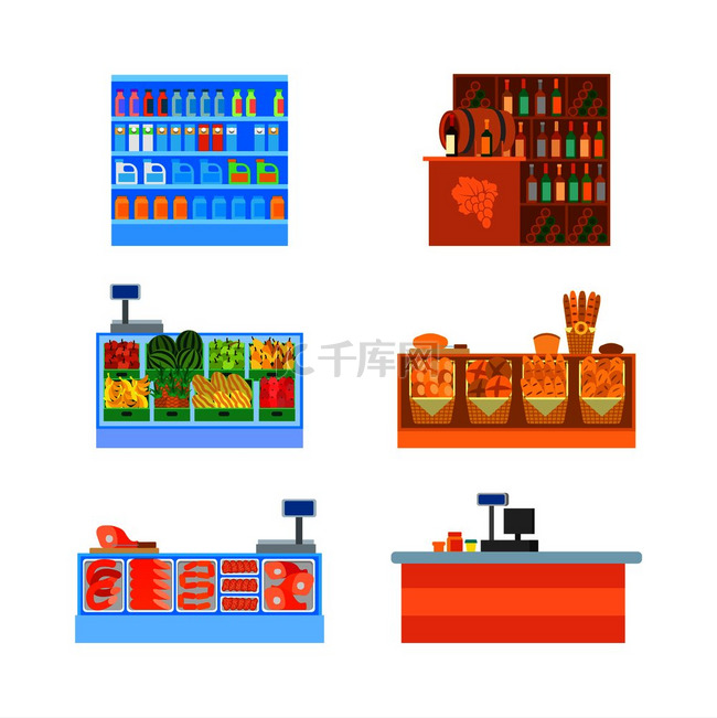 超市商业柜台和货架上的产品集合