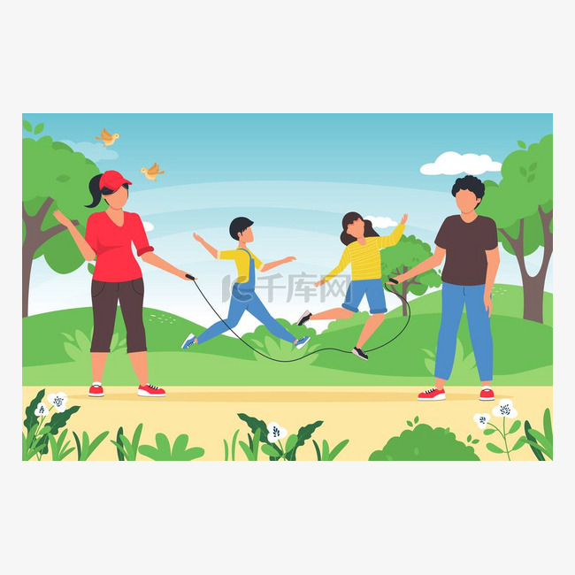 与孩子一起玩家庭夏季活动游戏。