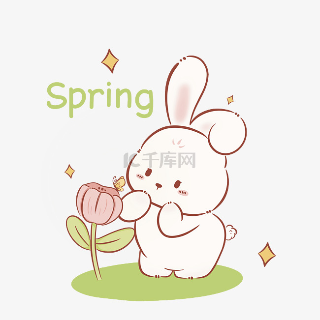 春天看花的粉色兔子