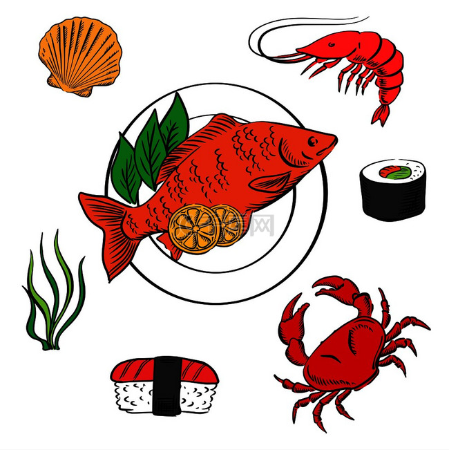 海鲜熟食图标，包括虾和寿司卷、