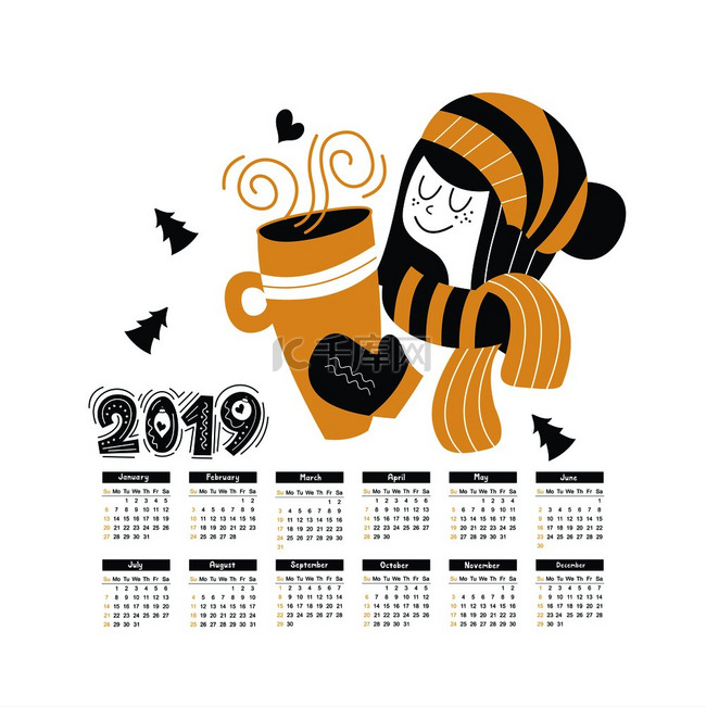 2019 年日历。新年快乐。