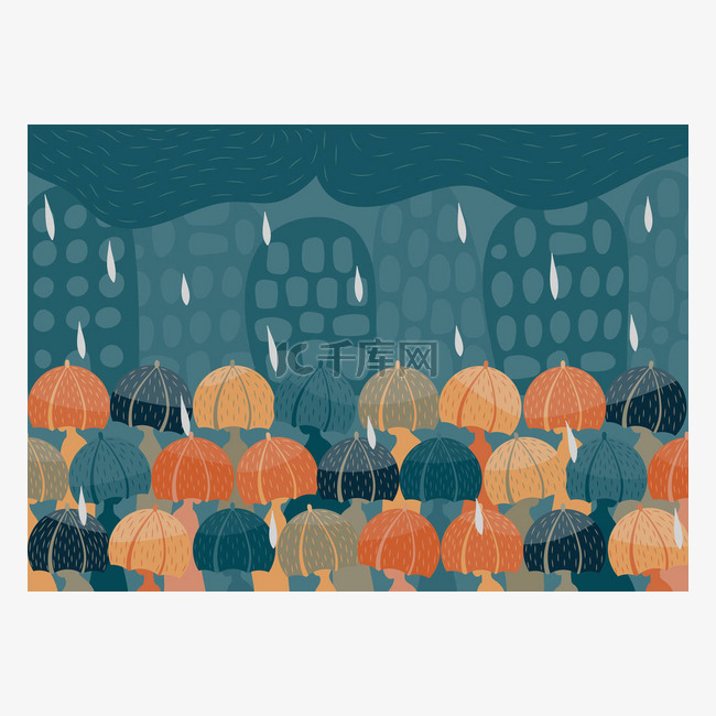 城市里的雨天：人们带着橙色、黄