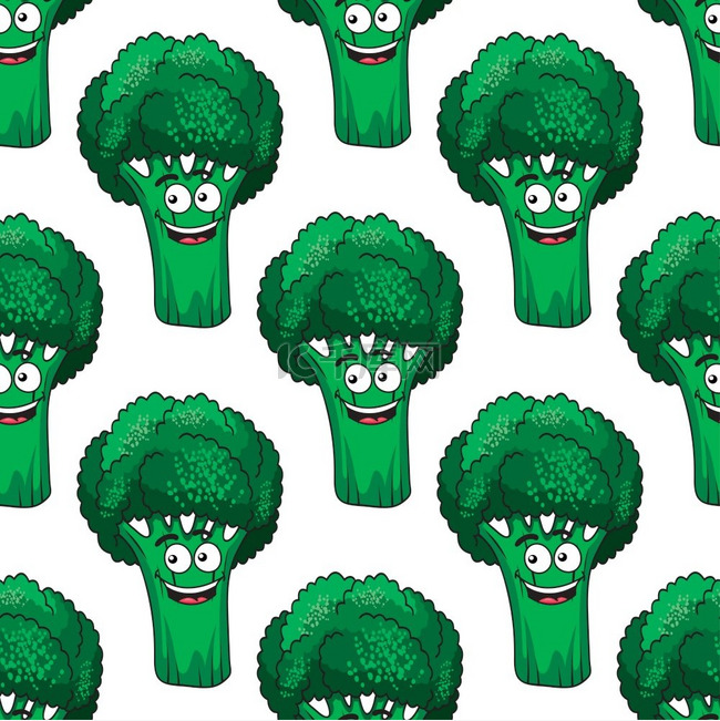 卡通微笑绿色西兰花蔬菜无缝背景