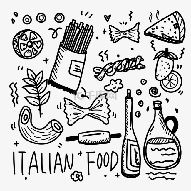 意大利各种美食食物黑色线涂鸦