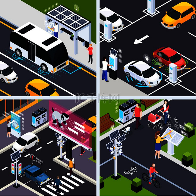 智能城市概念图标集交通符号等轴