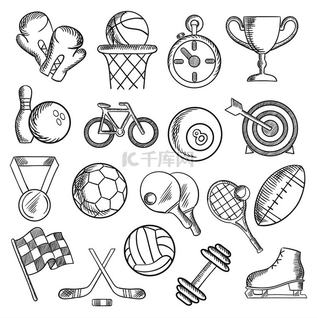运动和健身素描图标与运动排球、