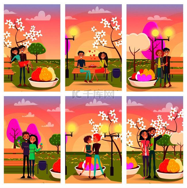 六张相爱的情侣卡片在开花的春天