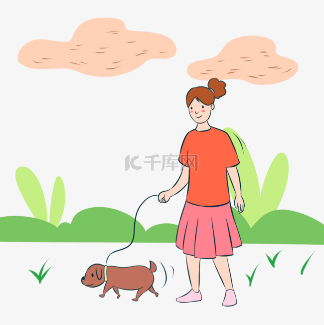 女人遛狗公园走路抽象插画