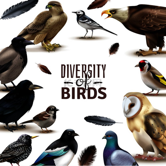 鸟类框架与逼真的鸟类的彩色图像