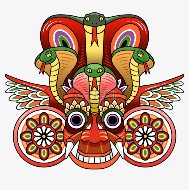斯里兰卡毒蛇舞者面具插画风格红