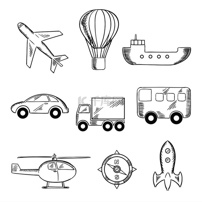 旅行和运输图标，包括飞机、热气
