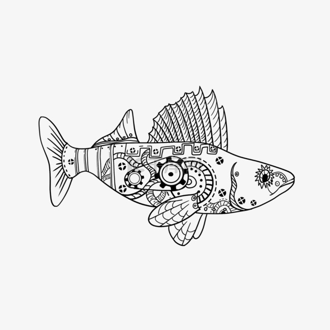 鱼蒸汽朋克机械线条插图