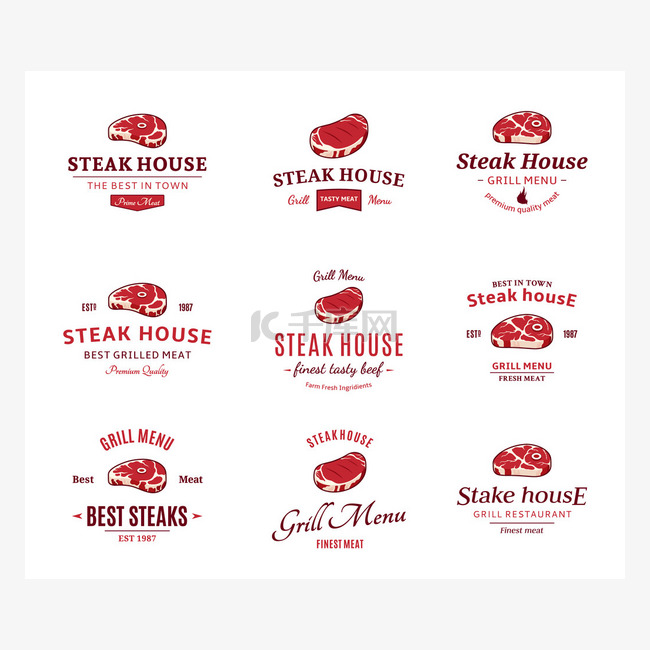 烤牛排徽标、 标签，和设计元素