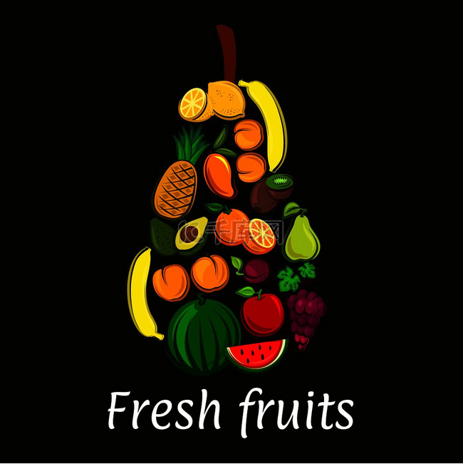 梨图标与热带和异国情调的水果。