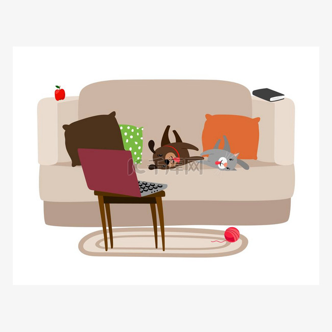 快乐的宠物在沙发上放松，看电视