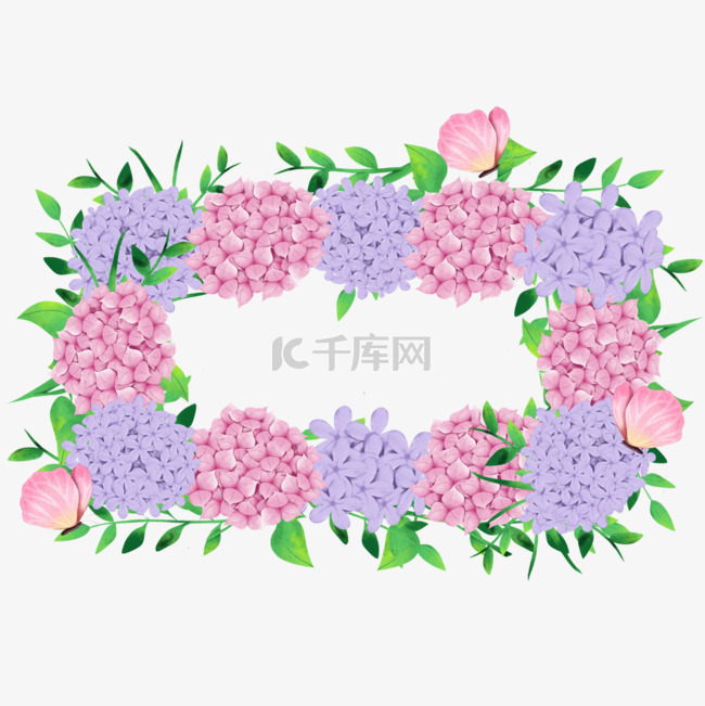 绣球花卉水彩蝴蝶长方形边框