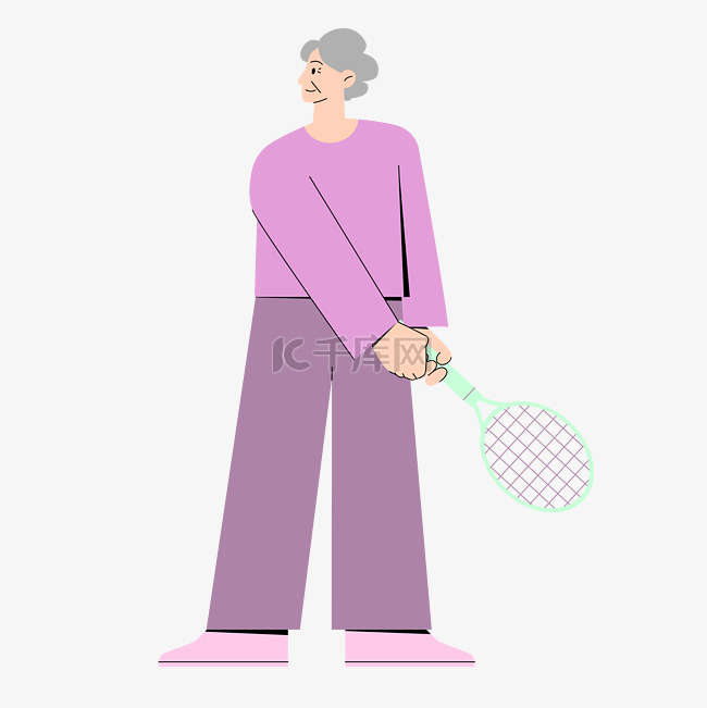 打羽毛球老年人运动健身扁平夸张