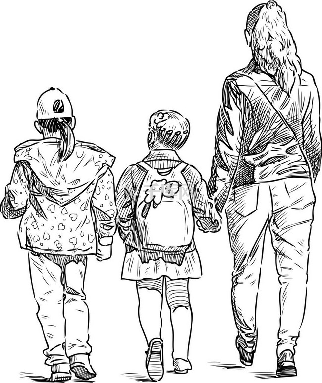 一个带着两个小女孩去散步的年轻