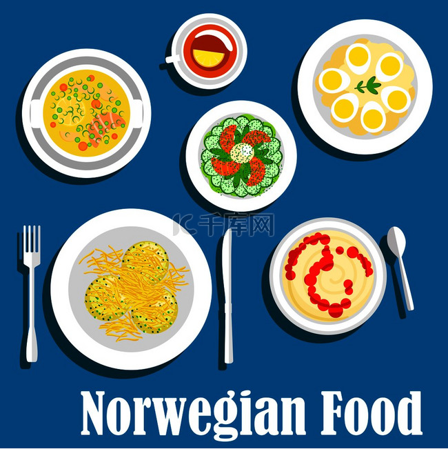 挪威早餐图标的健康菜肴，带有扁