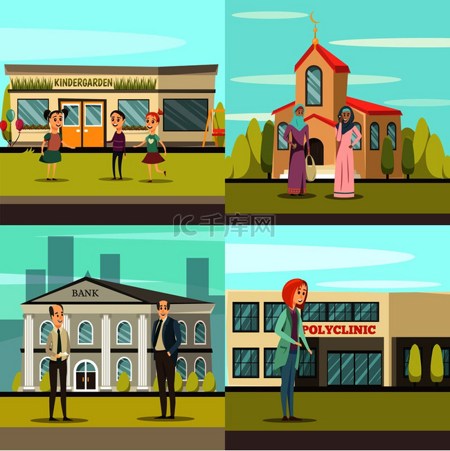 四个正交市政建筑图标集与幼儿园