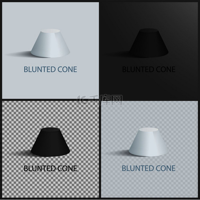 钝锥图标设置在暗光和透明背景上