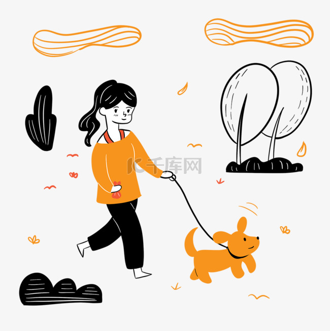 女孩公园遛狗抽象插画
