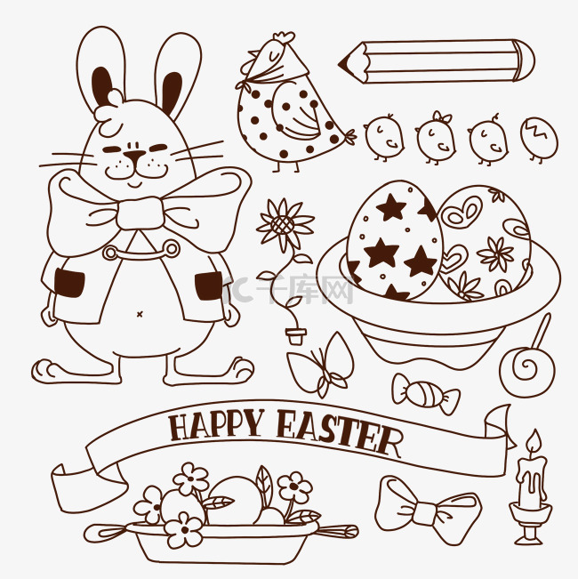 线条画复活节兔子与彩蛋涂鸦