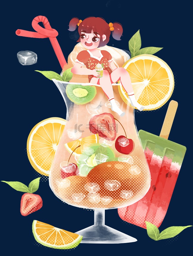 夏日夏天美食冷饮冰淇淋水果女孩