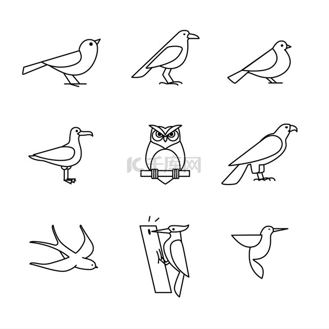 Birds icons line art set