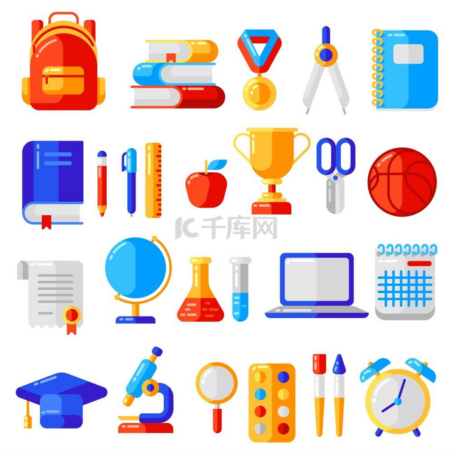 学校和教育图标、符号、对象集。