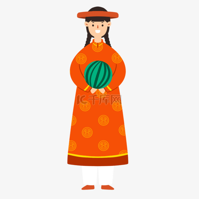 越南春节抱西瓜的红衣女子